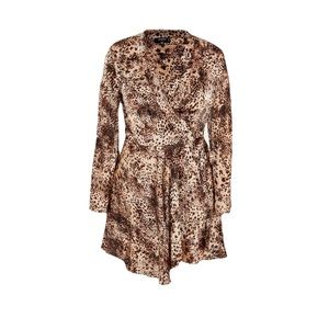 Brown Leopard Print Satin Flare Sleeve Wrap Dress